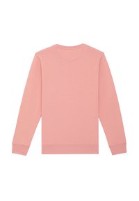 Sweat-shirt rose à manches longues, col rond, avec des poignets et un ourlet côtelés. Fabriqué en tissu doux avec une texture lisse et sans motifs.
