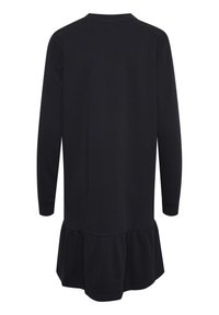 Robe noire à manches longues avec un col rond et un ourlet à volants. Confectionnée dans un tissu lisse avec une coupe décontractée.