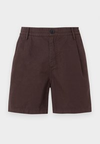 Braune Baumwollshorts mit einem elastischen Bund und einem einzigen Knopfverschluss. Verfügt über Seitentaschen und eine glatte Textur.