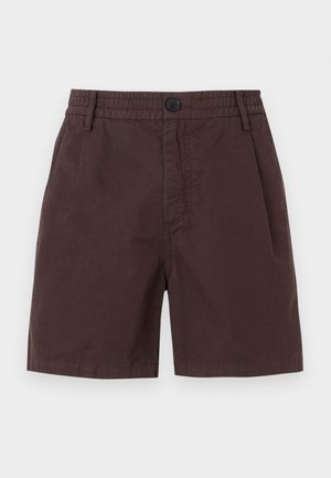 Brune bomullsshorts med elastisk midje og en enkelt knappelukking. Har sidelommer og en glatt tekstur.