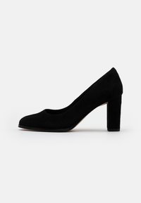 Escarpin à talons hauts en daim noir avec un bout arrondi, un talon épais et unie, présentant une texture lisse, une couleur unie et des lignes épurées.