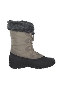 Beige wasserdichte Stiefel mit schwarzer Gummisohle, grauem Kunstfellkragen, gestepptem Textil-Obermaterial und Schnürdesign auf der Vorderseite.