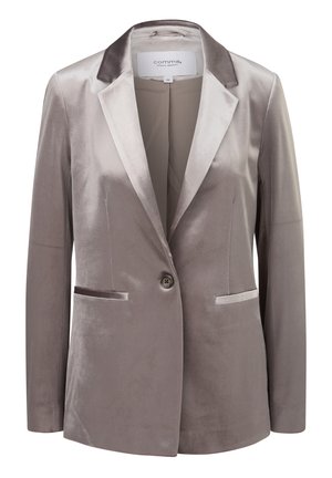 Grauer Samtblazer mit schimmerndem Schalkragen, Ein-Knopf-Verschluss und zwei Fronttaschen. Glatte Textur und taillierte Passform.