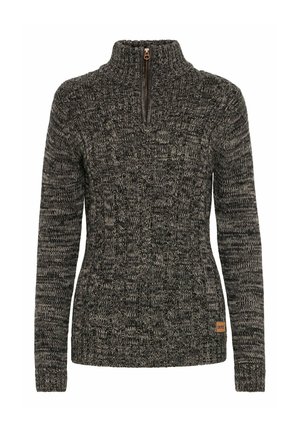 Maglione lavorato a maglia con zip a un quarto nei toni grigio scuro e nero, caratterizzato da un motivo testurizzato e un piccolo etichetta con il brand all'orlo.