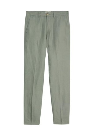 Pantaloni su misura verde chiaro realizzati in un tessuto traspirante. Caratterizzati da due tasche laterali, chiusura frontale con bottone e orli ben rifiniti.