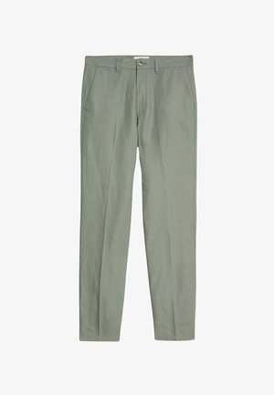 Pantalones de corte entallado en verde claro, fabricados con una tela transpirable. Cuentan con dos bolsillos laterales, un cierre frontal con botón y dobladillos bien acabados.