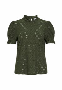 Olijfgroene blouse met korte mouwen, een hoge halslijn en puffmouwen, voorzien van geborduurde uitsnijdingen en een gestructureerde stof.