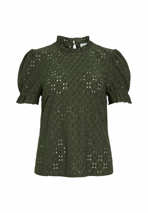 Olive green short-sleeve blouse with a high neckline and puffed sleeves, featuring embroidered cut-out patterns and a textured fabric.