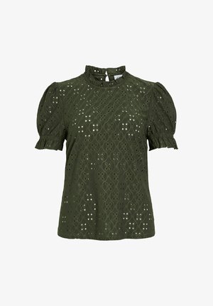 Olivenfarvet kortærmet bluse med høj hals og puffede ærmer, der har broderede udskæringsmønstre og en struktureret stof.
