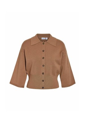 Bruine cropped cardigan met een kraag, voorzien van een knoopsluiting aan de voorkant, korte mouwen, getextureerde gebreide stof en een geribde zoom.