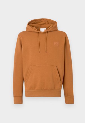 Bruine katoenen hoodie met een voorzak, trekkoordcapuchon en geribbelde manchetten. Bevat een klein, geborduurd merklogo op de borst.