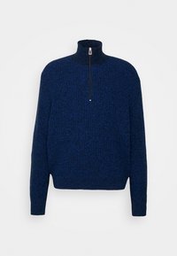 Marineblauer gestrickter Pullover mit hohem Kragen und einem Reißverschluss vorne. Verfügt über ein strukturiertes Muster und lange Ärmel. Lockere Passform.