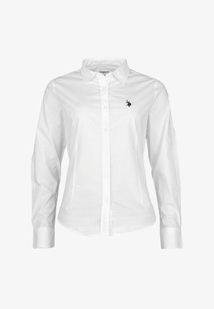 Weißes Langarmhemd mit Button-Down-Kragen, aus glattem Stoff, mit einem kleinen schwarzen gestickten Logo auf der linken Brust.