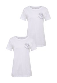 White cotton t-shirts featuring short sleeves and a round neckline, each with a gray cat graphic on the left chest.