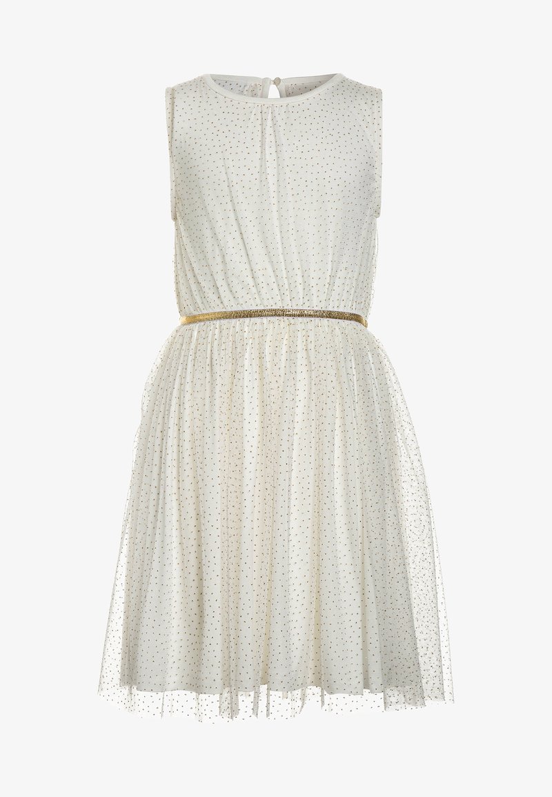 Bezrękawna biała sukienka w złote kropki, z marszczonym pasem i cienkim metalicznym złotym paskiem, do kolan, z okrągłym dekoltem.