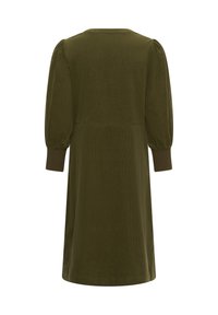 Olive green dress made from soft corduroy, featuring a round neckline, puff sleeves, and fitted cuffs, with a mid-length hem.