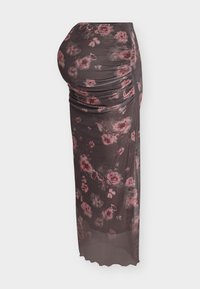 Maxiskjørt i gjennomsiktig svart stoff med rosa blomsterpattern. Har rynket tekstur og et flytende design som skaper en feminin silhuett.