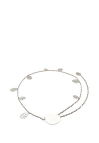 Silver necklace with a braided chain, featuring multiple hammered oval pendants of varying sizes spaced along the design.