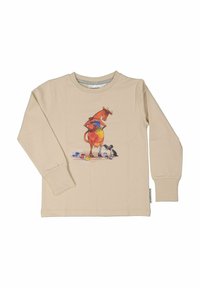 Pitkähihainen beigellä puuvillapaita, jossa on värikäs kuvitus lehmasta ja linnusta maalauspurkkien alla. Pyöreä pääntie, ribbireunat.