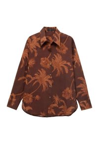 Camicia marrone con un motivo di palme in tonalità ruggine, maniche lunghe, colletto classico e chiusura anteriore con bottoni. Tessuto dal texture morbida.