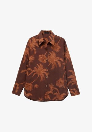 Brown shirt with a palm tree pattern in rust tones, long sleeves, a classic collar, and front button closure. Smooth fabric texture.