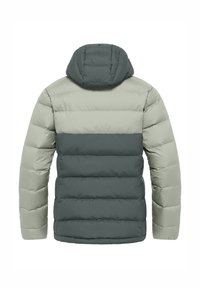 Giacca imbottita in tonalità verdi e grigie, dotata di cappuccio, strisce orizzontali, texture trapuntata e vestibilità regolare.