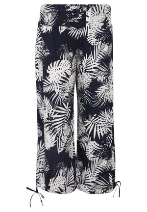 Marineblauwe broek met brede pijpen en witte tropische bladprint, elastische tailleband, trekkoord aan de voorkant en verstelbare koorden aan de zoom.