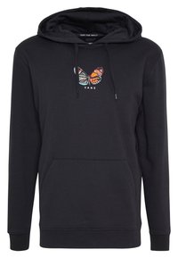 Felpa nera in misto cotone con cappuccio regolabile. Presenta un design di farfalla ricamato multicolore sul petto e una tasca a marsupio.