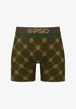 Tumedate meeste bokserid tumerohelises värvitoonis, millel on bränditud pruun vöökoht. Omab korduvat logo mustrit heledamates toonides. Hingav kangatekstuur.