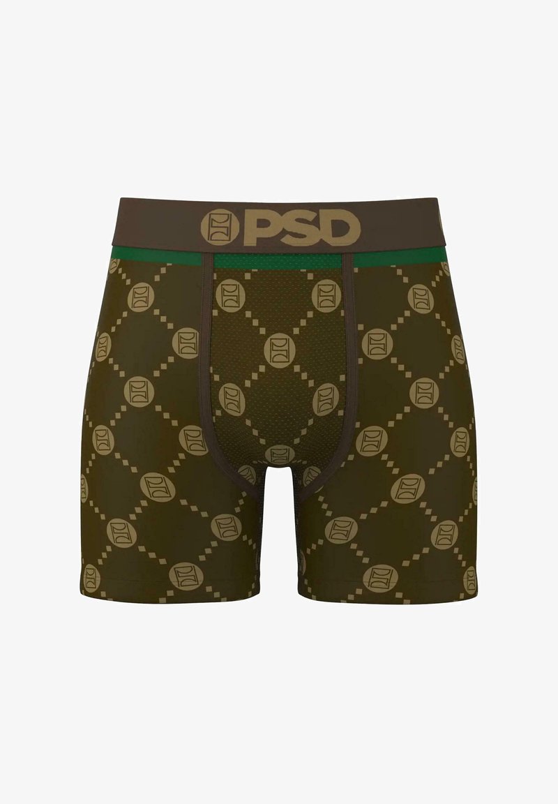 Férfi boxer alsónadrág sötét olíva zöld színben, márkázott barna derékrésszel. Ismétlődő logó mintázat világosabb árnyalatokban. Légáteresztő anyagtextúra.