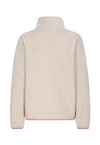Fleece-pullover i ljusbeige, med hög krage och lång ärm. Nederkanten har en kontrasterande rosa accent. Strukturerad yta.