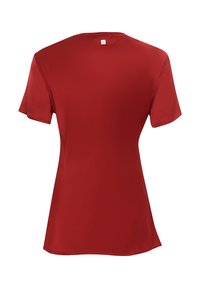 T-shirt rosso a maniche corte realizzato in tessuto liscio, caratterizzato da un collo rotondo e un'etichetta posizionata al centro sul retro.