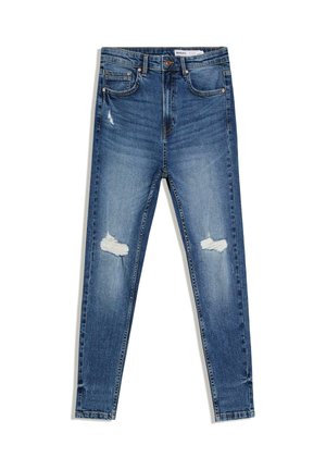 Modre visoke ozke jeans hlače z opranim videzom na obeh kolenih, sprednjimi žepi in zapiranjem na gumbe.