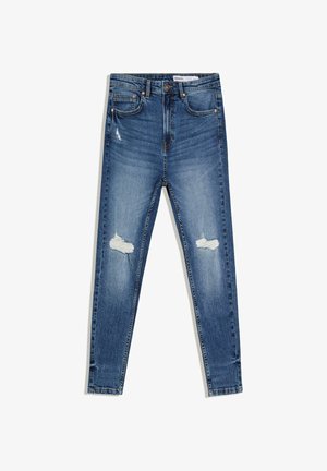 Modre visoke ozke jeans hlače z opranim videzom na obeh kolenih, sprednjimi žepi in zapiranjem na gumbe.