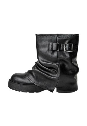 Black leather ankle boot featuring a slouched design, square toe, and a side buckle accent. Thick sole provides added height and stability.