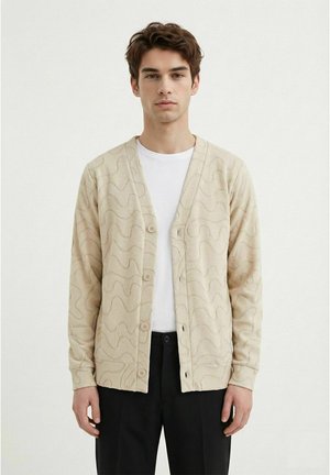 Ung mann som har på seg en beige mønstret knappet cardigan over hvit skjorte og svarte bukser, stående foran en ensfarget lys bakgrunn.