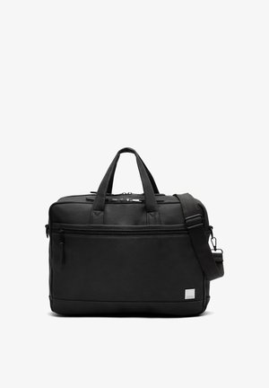 Schwarze Ledertasche für Laptops mit zwei oberen Griffen und einem abnehmbaren Schultergurt. Sie verfügt über eine vordere Reißverschlusstasche und eine glatte, matte Oberfläche.