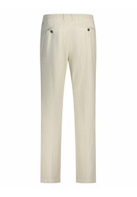 Beige corduroy broek met riemlussen en twee achterzakken die met knopen zijn dichtgemaakt, van achteren getoond.