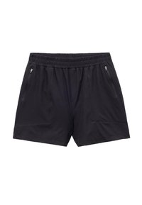 Pantalones cortos deportivos negros hechos de tejido ligero, con una cintura elástica, dos bolsillos con cremallera y un diseño de corte relajado.