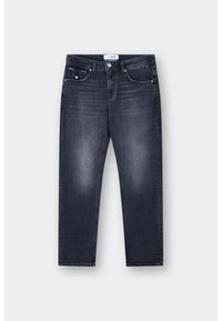 Donkergeklede denim jeans met een recht model, voorzien van een lichte vervaging op de dijen, klassieke vijf-pocket stijl en een knoopsluiting.