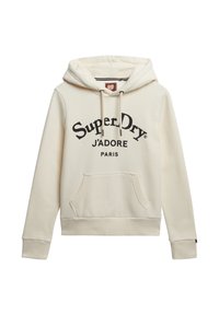 Crèmekleurige hoodie met een trekking kap, voor kangaroo zak en zwarte bedrukte tekst: "Super Dry J'ADORE PARIS." Zachte stofafwerking.