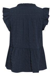 Marineblaues, strukturiertes Oberteil mit Rüschchen an den kurzen Ärmeln, gerafftem Oberteil und ausgestelltem Saum, das ein subtileres Karomuster aufweist.