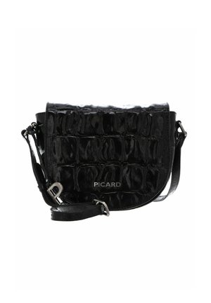 Sac bandoulière noir brillant texturé avec sangle réglable et ferrures argentées, marqué "PICARD" sur le rabat avant.