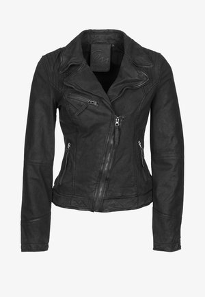 Černá kožená přiléhavá bunda s asymetrickým předním zipem, zipovými kapsami a širokým klopovým límcem, velikost malá.