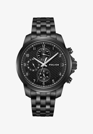 Schwarze Chronographen-Uhr mit strukturiertem Ziffernblatt, weißen Akzenten und Tages-/Datumsanzeige. Armband aus Edelstahl mit glatter Oberfläche.
