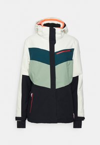 Lyžařská bunda s barevně blokovaným designem v bílé, tyrkysové, mátové a černé barvě. Obsahuje kapuci, zipové kapsy a kontrastní oranžovou podšívku.