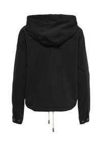 Veste à capuche noire avec manches longues, poignets boutonnés et cordons blancs suspendus à l’ourlet, vue de dos.
