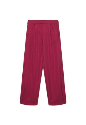 Wide-leg tailored trousers in deep magenta with front pleats, belt loops, and side pockets, laid flat on a white background.