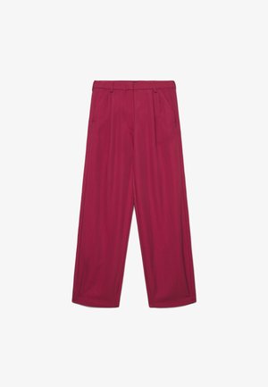 Wide-leg tailored trousers in deep magenta with front pleats, belt loops, and side pockets, laid flat on a white background.