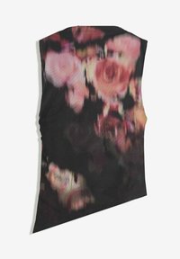 Asymmetrisches ärmelloses Oberteil mit einem floralen Muster in verschiedenen Rosatönen und dunklen Nuancen, gefertigt aus einem leichten, strukturierten Stoff.
